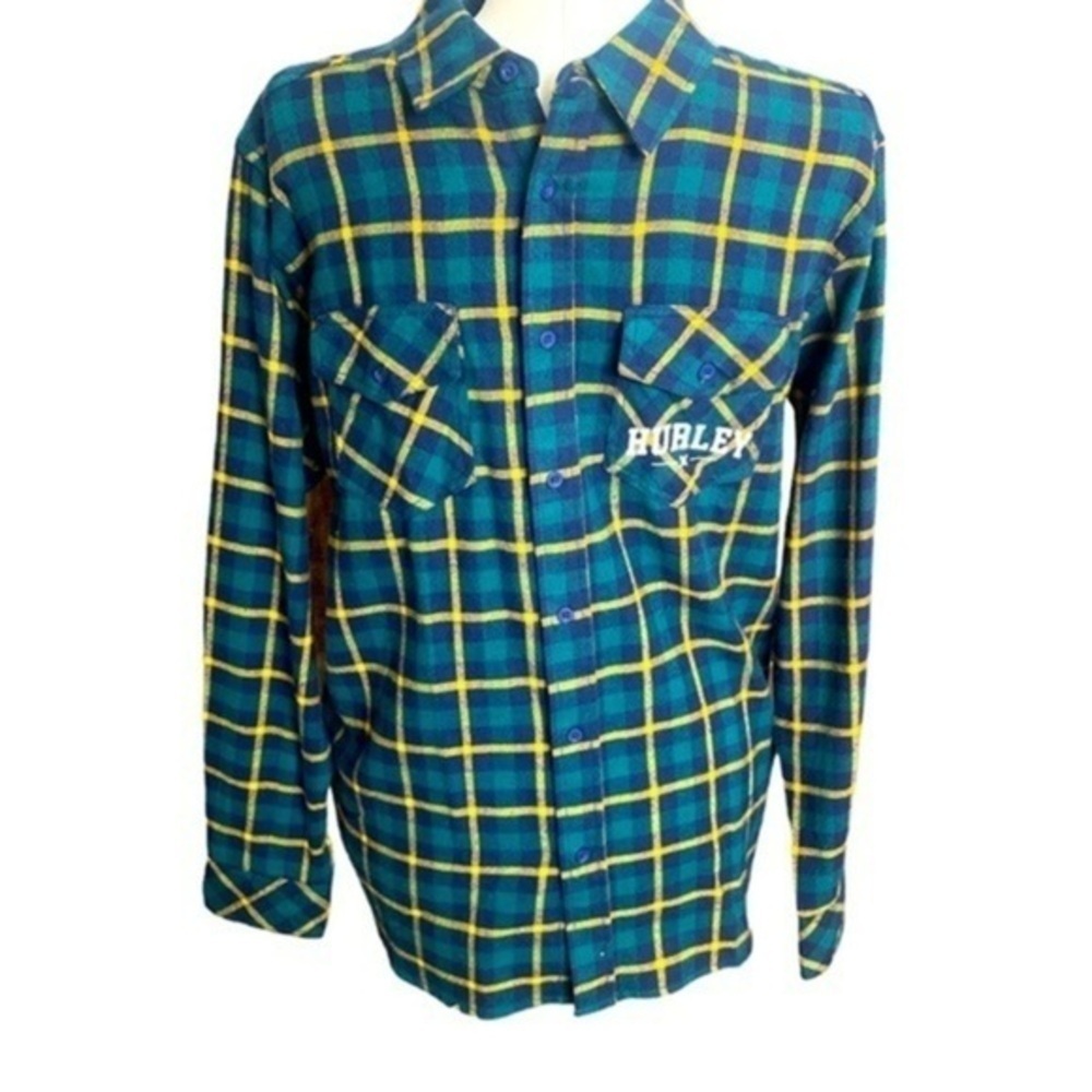 Hurley Men's Intern Plaid Flannel Button Down Shirt. Blue green yellow Shacket M